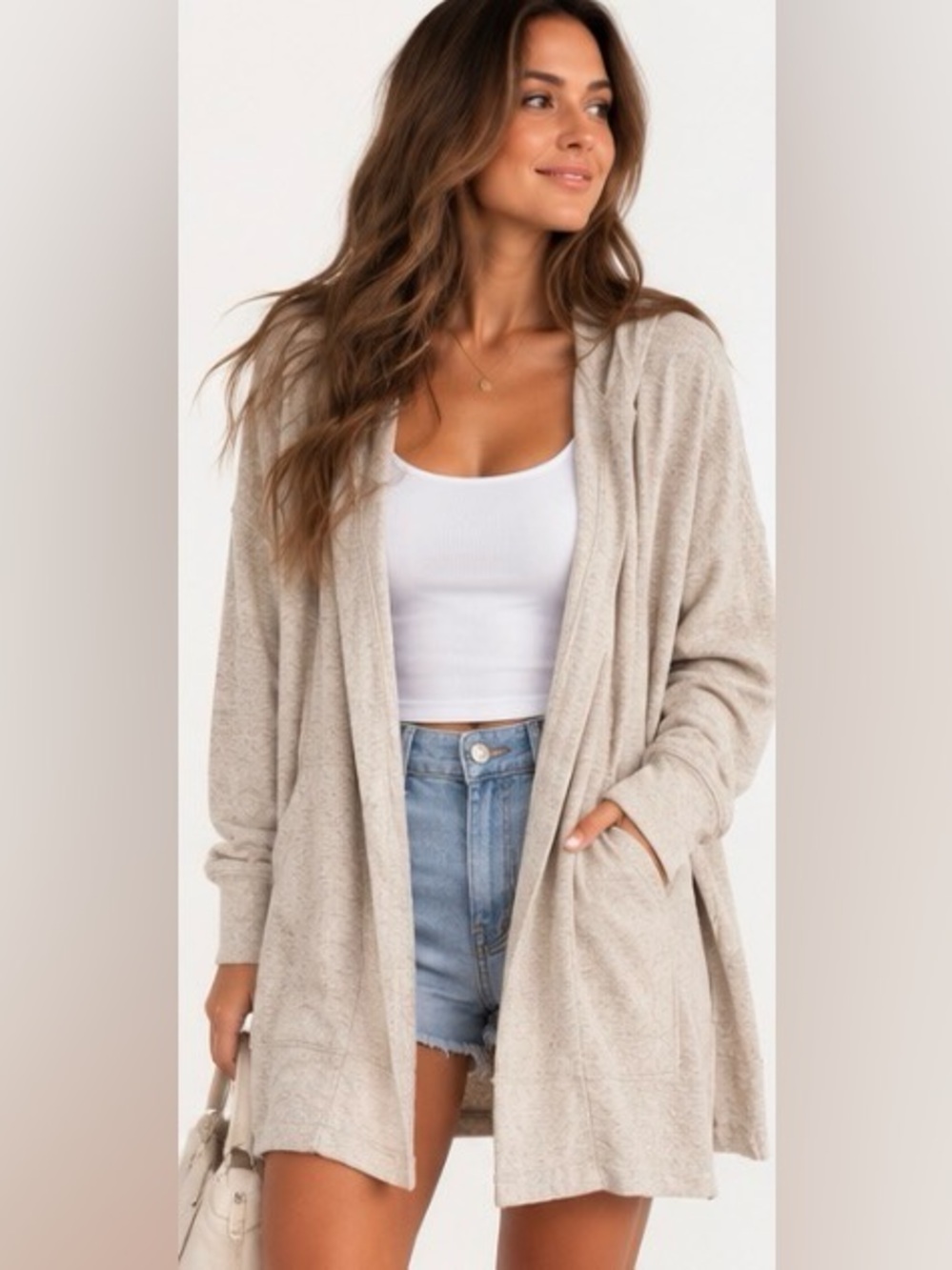 Mono B Women’s Hooded Open Front Cardigan Longline Oatmeal Beige Size Small